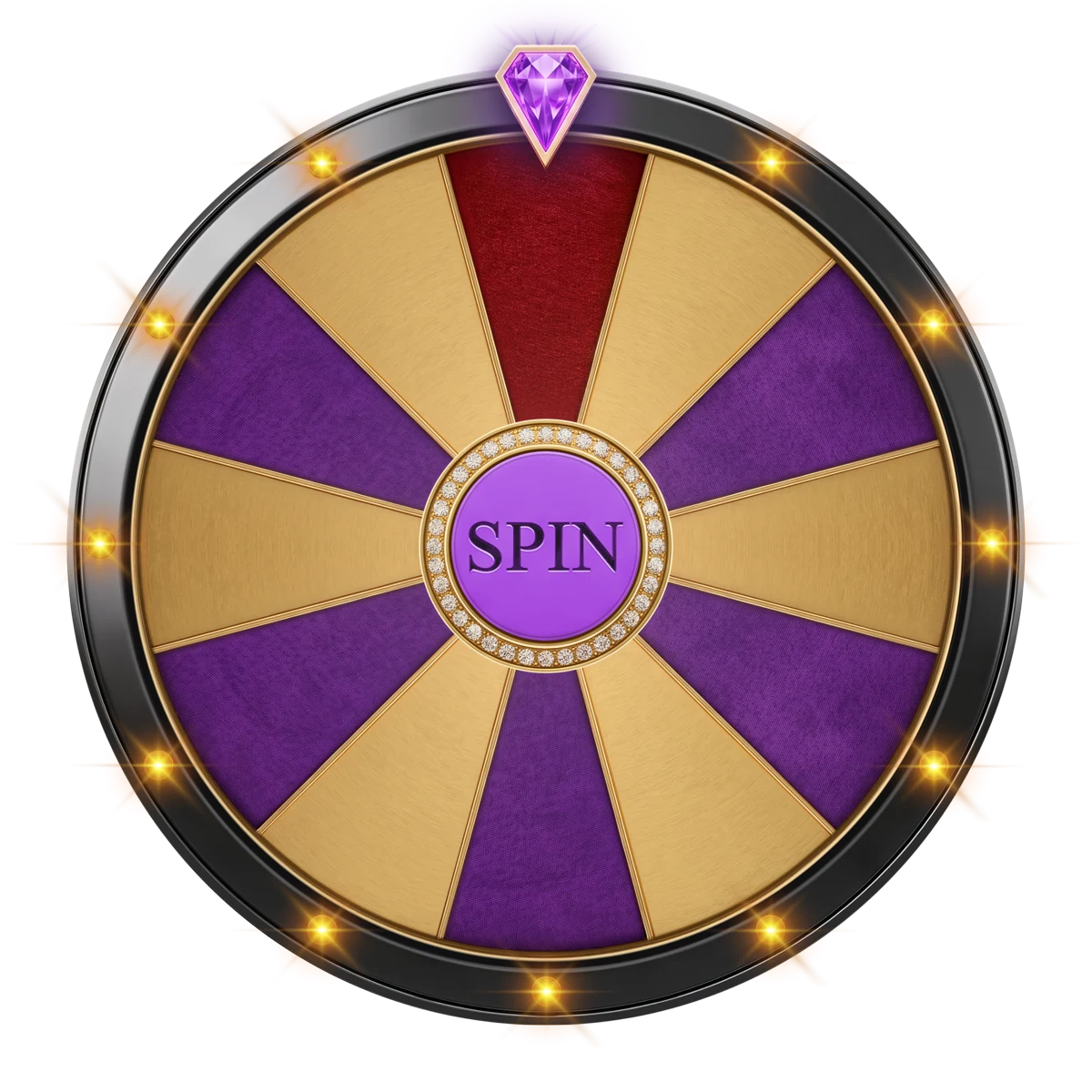 Purple and gold spin wheel with a diamond pointer, standing for the free spins at Here2Win Casino